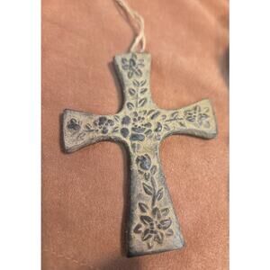 Handmade Floral Ceramic Cross Wall Hanging Rustic Religious Decor